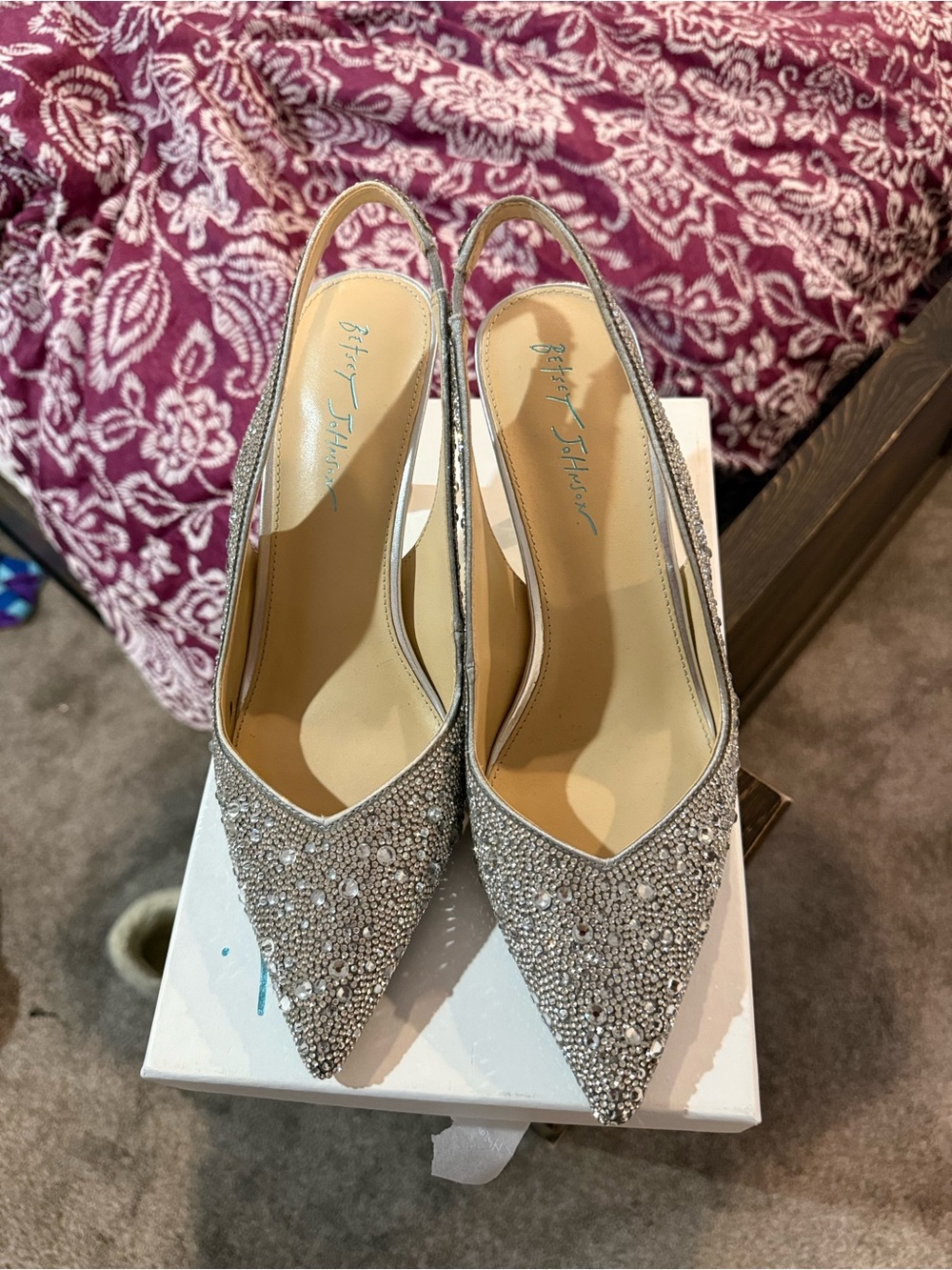 Betsey Johnson Silver Crystal Slingback Pointed-Toe Pumps Heels